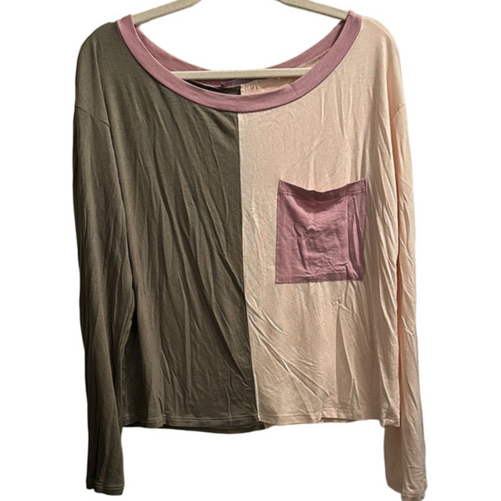Boxy Green and Cream Long Sleeve T-shirt